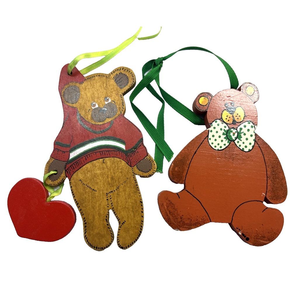 2 Vtg 1994 Kurt Adler Teddy Bear & VK Cook Bear Christmas Ornament Painted Wood‎